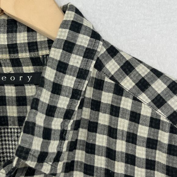 THEORY Shirt Mens XL Cotton Wool Gauze Gingham Check Button Up Double Face Black - Picture 9 of 16